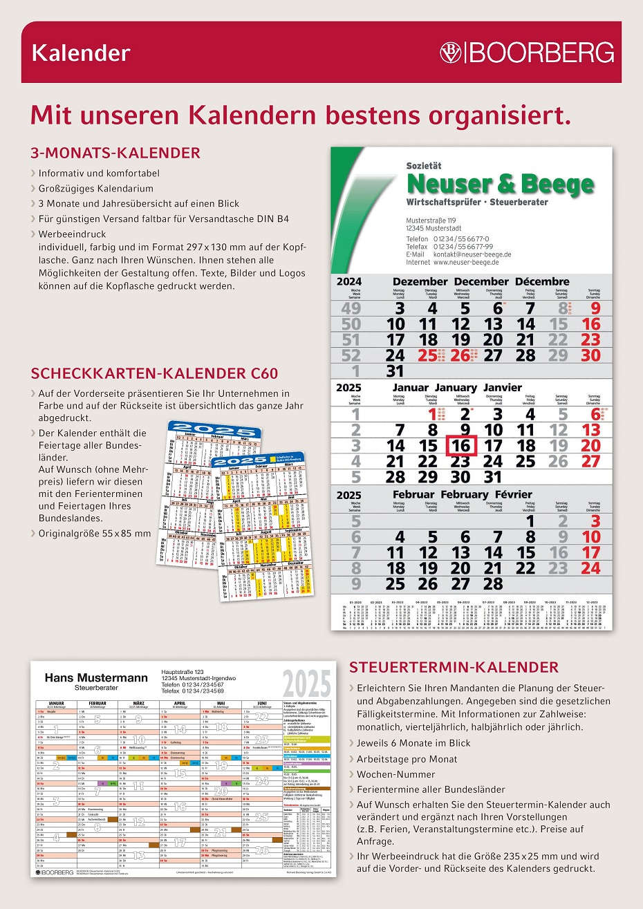 Kalender 2025, Scheckkartenkalender 2025, 3-Monats-Kalender 2025, Steuertermin-Kalender 2025, C60